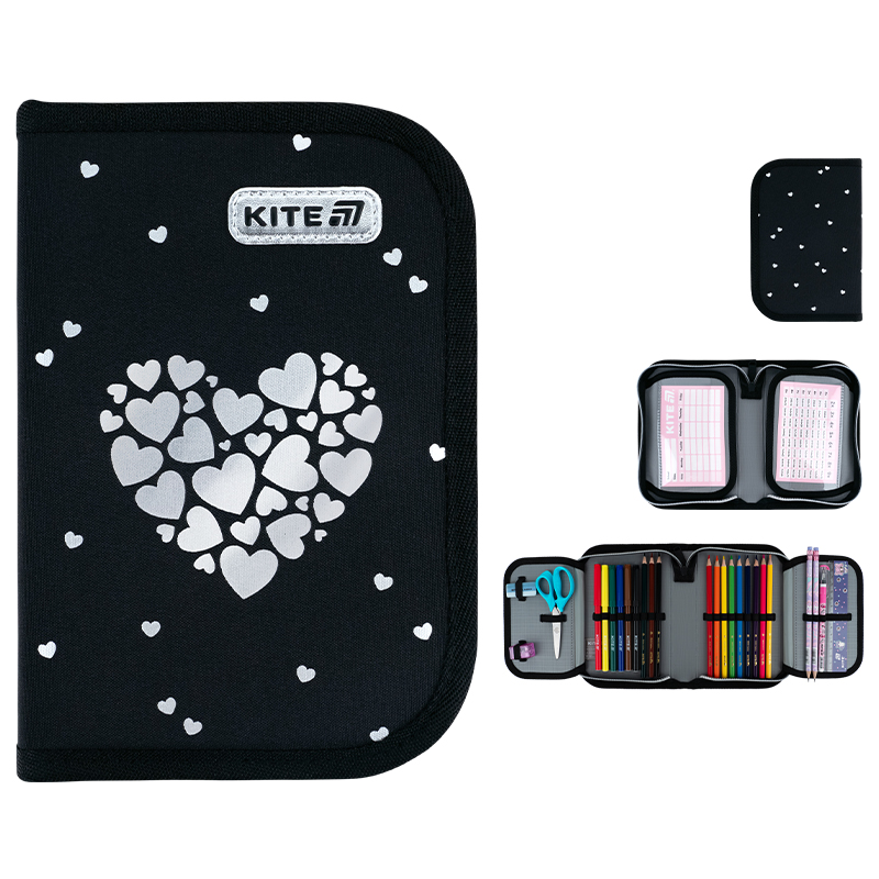 Пенал с наполнением Kite Black&Silver K26-622H-5, 1 отделение, 2 отворот